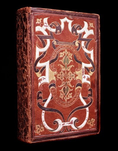 愛書家でありトレゾリエであったJohn Grolier de Servieres（1479-1565）が所有していたラテン語で書かれた聖典のコピーで、赤いマロキン製本のもの（Bible with Grolier bookbinding） Chantilly musee Conde 作： Unknown artist