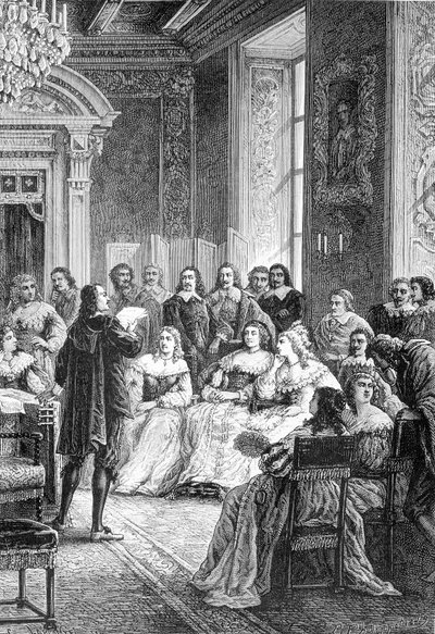 ランブイエホテルで悲劇「ポリュクテ」を読むコルネイユ（M.Gizot著「Histoire de France from the most most times to 1789」より 作： Unknown artist