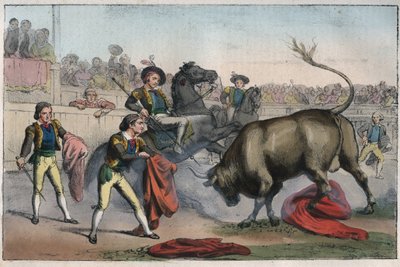 スペインの闘牛：le picador - Bull Charging a Picador - engraving from "Uses and Customs of All the Peoples of the Universe".つまり、最も遠い時代から我々自身の日までの、すべての国の政府、法律、民兵、宗教の歴史である。 作： Unknown artist