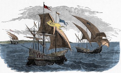 コルテスの艦隊、メキシコへ向けて出航 - スペインのアメリカ大陸植民地化：エルナン・コルテス（1485～1547年頃）の艦隊、メキシコへ向けて出航 作： Unknown artist