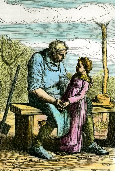 コゼットとジャン・バルジャン。ヴィクトル・ユーゴー（1802-1885）の小説「Les miserables」の挿絵 1865年のエングレーヴィング 個人蔵 作： Unknown artist