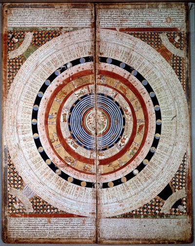 コスモグラフィースケマ。カタルーニャ・アトラス（カタルーニャ語の地図）（スペイン）に星座が描かれたもの。アブラハム・クレスクによる1375年の写本（フォリオ2）。BN、パリ 作： Unknown artist