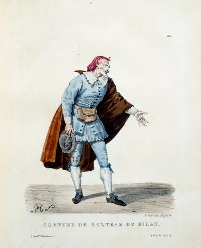 ミラノのベルトラメとして知られるニッコロ・バルビエリ（1641年没）の1600年当時の衣装。ヒッポリット・ルコント（1781-1857）のイタリア喜劇（コメディア・デラルテ）の衣装。19世紀のエングレーヴィング。Coll.Go! 作： Unknown artist