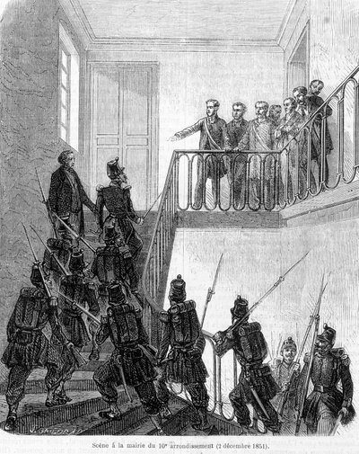 クーデター：1851年12月2日、パリ10区の市庁舎で代議士が逮捕される。 作： Unknown artist