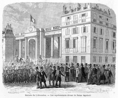 クーデター：1851年12月2日、パリ10区の市庁舎で代議士が逮捕される。 作： Unknown artist
