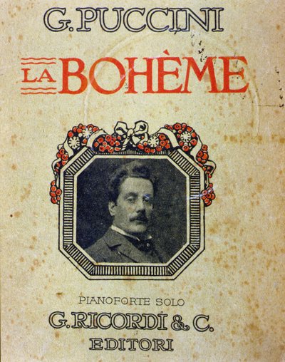 プッチーニ（1858-1924）の「ラ・ボエーム」の楽譜の表紙と彼の肖像。 作： Unknown artist