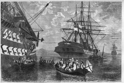 1866-1869年のクレタ島の反乱（オスマン帝国に対するクレタ島の反乱）。中立国の船に亡命しようとするクレタ島の家族。L