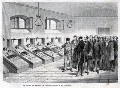 1869年10月のパンタンの犯罪。死体安置所での対決。1869年の刻印 作： Unknown artist