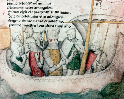 船での横断 トスカーナの詩「フェブッソ・エ・ブルッソ」の挿絵 Manuscript MS.B.R.45.15世紀 フィレンツェ、ビブリオテカ・ナツィオナーレ 作： Unknown artist