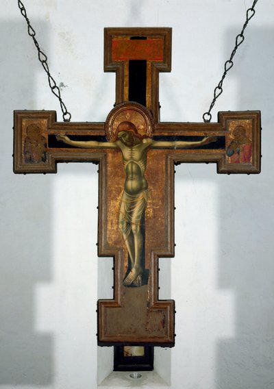 磔刑 十字架の裏に描かれた匿名の木画です。15世紀 ヴァラッツェ、カッペラ・デル・カステッロ・インブレア イタリア 作： Unknown artist