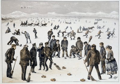 ハリファックス（ノバスコシア州）近くの凍った湖でのカーリング - ヘンリー・バックトン・ローレンス中尉の「Sketches of canadian sports and pastimes（カナダのスポーツと娯楽のスケッチ）」より 作： Unknown artist