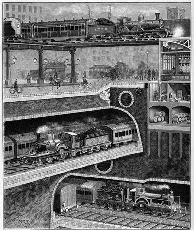 1898年のロンドンからイギリスへの通りをカット。1898年のエングレーヴィング。"La Nature.科学とその芸術や産業への応用についてのレビュー。 作： Unknown artist