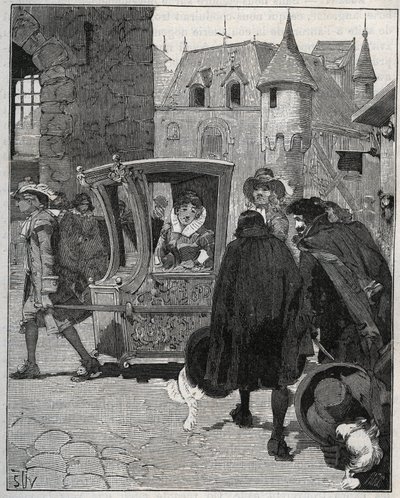 刃物：1675年にノガン（オートマルヌ）に到着したセヴィーニュ侯爵夫人マリー・ドゥ・ラブタン・シャンタル（ラブタン・シャンタル）（1626-1696）の椅子を船頭が取り囲み、ナイフを売っている。1885年の「Les arts et metiers il」に掲載されている図版 作： Unknown artist