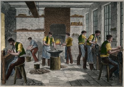 19世紀のフランスの刃物工房。Adolphe BITARDの "Les arts et metiers illustres "に掲載された1885年のエングレーヴィング。 作： Unknown artist