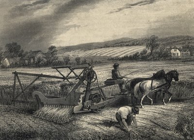 1851年のクリスタル・パレス博覧会に出展された、1831年のサイラス・マコーミックの刈り取り機。 作： Unknown artist