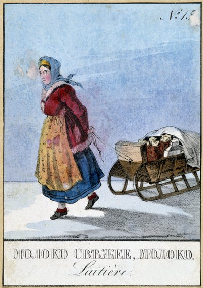 ミルク缶をソリに乗せて運ぶロシアの酪農家の女性（Bibl.des Arts Deco. 作： Unknown artist