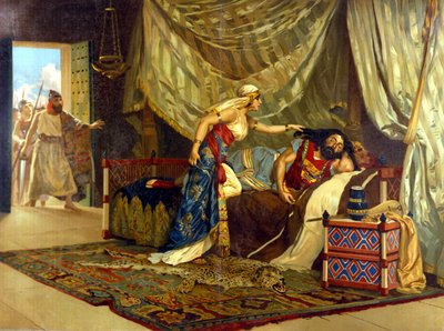 ダリラはサムソンの髪を切ろうとしているが、彼女の強さを改める。19世紀。 作： Unknown artist