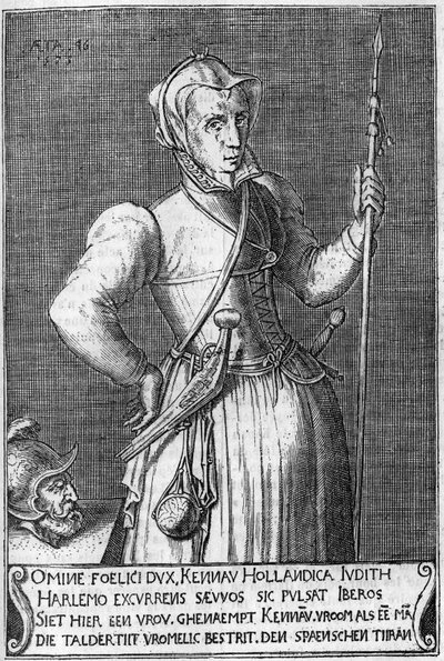 1572年にスペイン人と戦ったハーレム（オランダ）のヒロイン、ケナウ・シモンズドクター・ハッセラー女史（1526-1588）。ホロフェルネのユディットに対比させた17世紀の版画。 作： Unknown artist
