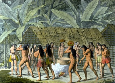 ブラジルのインディアン、カマカン族の踊り-フェラリオ編「古今東西の衣装」に掲載。ミラノ 作： Unknown artist