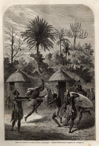 シャウパンガ（ザンベーズ川右岸）のランディーンまたはズールー族のカフェーの踊り。1840年から1856年にかけてのリビングストン博士の南部アフリカへの最初の航海を説明するためのエングレーヴィング。 作： Unknown artist