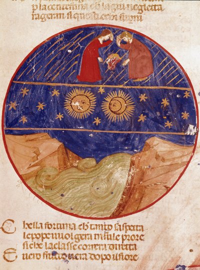 ダンテとベアトリーチェが天と地と星から見ている。ダンテ・アリギエーリ(1265-1321)の「神曲集」から楽園の歌を描いたイルミネーションページ。14世紀、ヴェネツィア、ビブリオテカ・マルシアーナ 作： Unknown artist