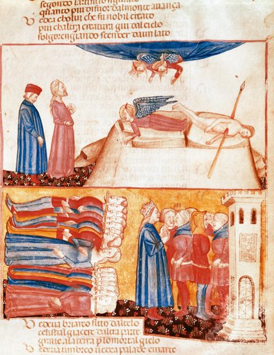 ダンテとヴァージルは、激しく死んだ人々の魂と出会う。ダンテ・アリギエリ(1265-1321)の『ディヴィーナ・コメディア』より、反煉獄の歌を描いたイルミネーションページ。14世紀、ヴェネツィア、ビブリオテカ・マルチャーナ 作： Unknown artist