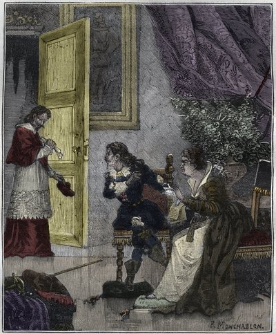 欺かれた者たちの日 - Journee des Dupes 1630年- マリー・ド・メディシスが弁明しているときに、リシュリュー枢機卿が入ってきた-ニーラックの「世紀を越えたパリ」の挿絵 作： Unknown artist