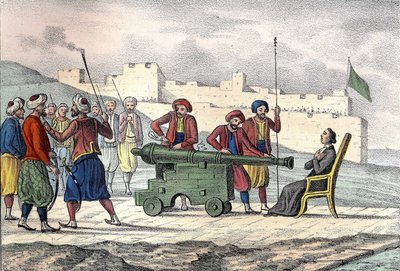 1683年、フランス人宣教師LE VACHER神父（Jean Levacher）のアルジェでの死（Duquesneによるアルジェ爆撃の際）。1846年のイタリア版はカラー。 作： Unknown artist