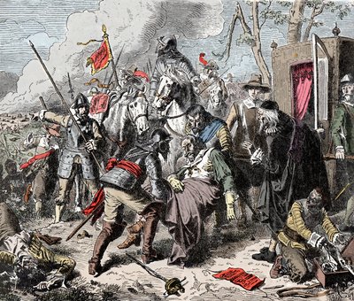 三十年戦争中の1632年に行われたレイン・アム・レヒの戦いでのティリー伯爵ジャン・タークラー（1559-1632）の死 - 19世紀末の刻印 - 。 作： Unknown artist