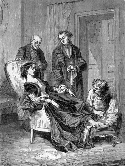 1848年1月28日、最初のクロロホルム麻酔の一つを行った後の、15歳の少女ハンナ・グレーナーの死。1848年1月28日、最初のクロロホルムによる麻酔を受けた15歳の少女。 作： Unknown artist