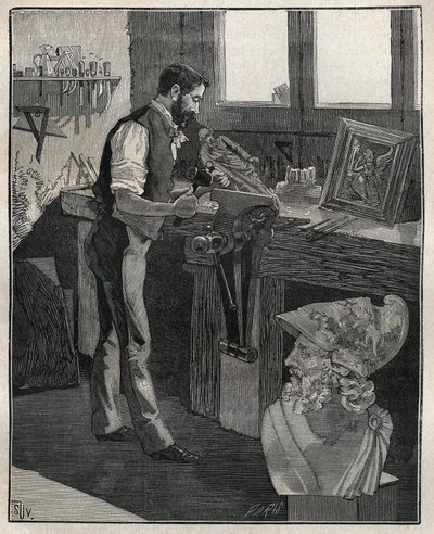 銀器の装飾：ブロンズの鏨（たがね）。Adolphe BITARDの "Les arts et metiers illustres "に掲載された1885年の版画。 作： Unknown artist
