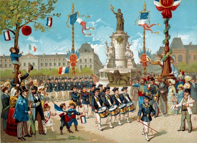 1883年7月14日、パリの共和国広場で行われた学徒出陣の子供たちの汚職事件。19世紀のリトグラフ パリ、カルナヴァレ美術館 作： Unknown artist