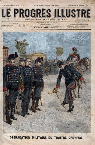 アルフレッド・ドレフュスの劣化 - ドレフュス事件。1895年1月5日、パリの陸軍士官学校の中庭で行われたアルフレッド・ドレフュスの脱獄事件 - 1895年の「輝かしい進歩」に掲載されたエングレーヴィング - 。 作： Unknown artist