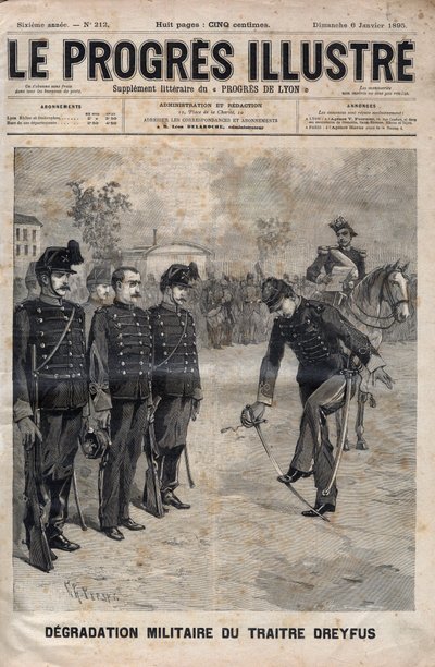 アルフレッド・ドレフュスの劣化 - ドレフュス事件。1895年1月5日、パリの陸軍士官学校の中庭で行われたアルフレッド・ドレフュスの脱獄事件 - 1895年の「輝かしい進歩」に掲載されたエングレーヴィング - 。 作： Unknown artist