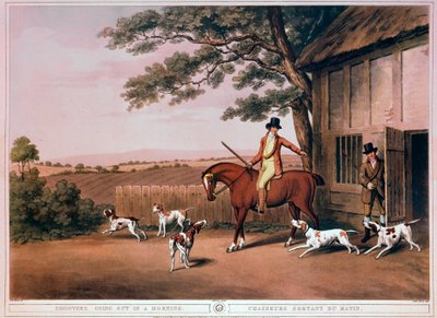 イギリスの猟師と犬の早朝の狩りに出発した様子。19世紀のエングレーヴィング。ギエン、狩猟博物館 作： Unknown artist