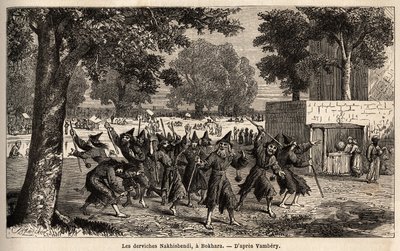 ペルシャのボカラ（イラン）のダービッシュ（Nakhisbendi）。)エミール・バイヤール（1837-1891）が、1863年にアルミニウス・ヴァンベリー（ダービッシュに変装したハンガリー人科学者）が中央アジアを旅行した際に描いたもの。Edouard C.が編集した「Le tour du monde」に掲載されている図版。 作： Unknown artist