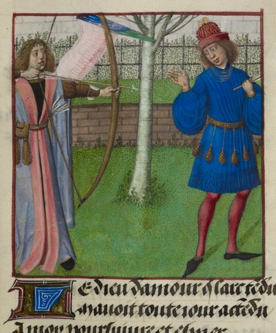 Detalhe de uma miniatura de Amour (Amor) visando o Amante com arco e flecha, de 
