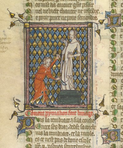 Detail of a miniature of Pygmalion before the statue, from 