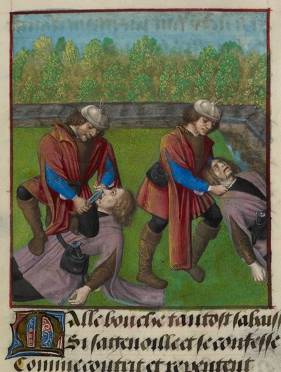 「Le Roman de la Rose」より、Malebouche (Evil Tongue) を殺し、舌を切る禁欲 Contrainte (Forced Abstinence) と Faux Semblant (Faux Semblant) を示すミニチュアの詳細 作： Unknown artist