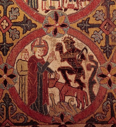 聖マルティンの誘惑」を描いた刺繍の詳細。アイスランドのタペストリー。1390-1403.パリ、国立中世美術館、テルム・ド・クリュニー 作： Unknown artist