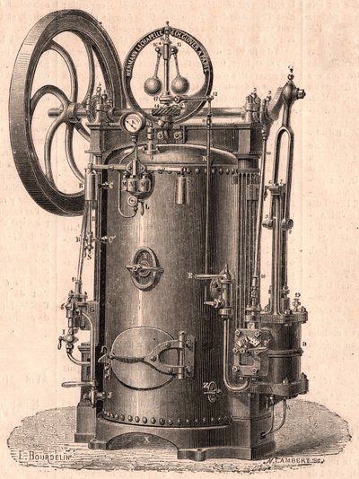 1866年にパリで生産された小型蒸気エンジンの詳細な技術ビュー：ボイラー、シリンダー、ピストン、コンロッド、フライホイール 作： Unknown