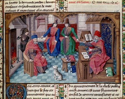 チュール、アッティカス、アフリカのスキピオ、ローマのコンスル、レリウスの対話 ミニチュアはキケロン（Marcus Tullius Cicero）（紀元前106-43年）の「老いてから（De Senectute）」からの引用 1470年 シャンティイ、コンデ美術館 作： Unknown artist