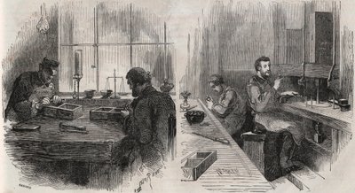 オランダの工房で行われているダイヤモンドカッティング：スプリッターとポリッシャー - Engraving In "Le Monde Illustré" 作： Unknown artist