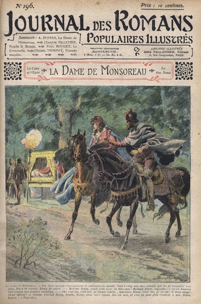 恋人のビュッシーと馬に乗っている時に夫に呼び出されたダイアン。アレクサンドル・デュマの小説『モンスローの女』の挿絵。Journal of Illustrated Popular Novels"(ジャーナル・オブ・イラストレイテッド・ポピュラー・ノベルズ)にて。 作： Unknown artist