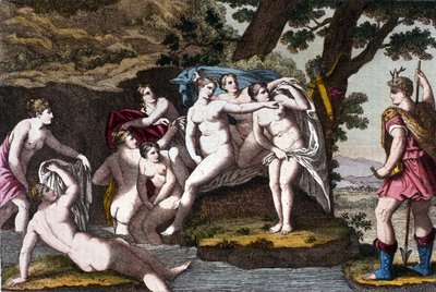 狩人アクテオンに風呂場で捕まったダイアン。19世紀「Dizionario mitologico」からのエングレーヴィング 作： Unknown artist