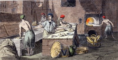 パン職人の様々な活動：パン生地のペッティング、パンの準備、焼き上げ。19世紀のエングレービング 作： Unknown artist