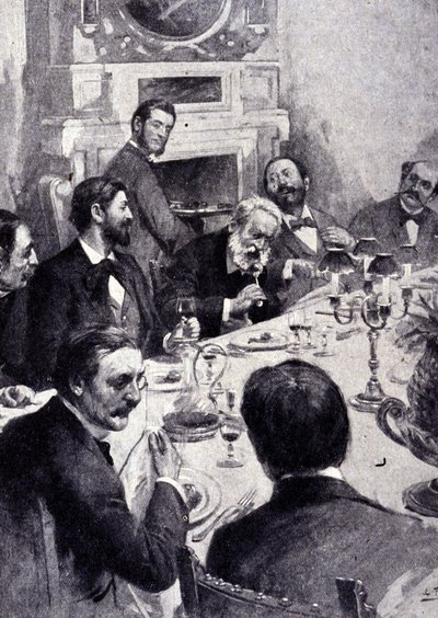 ヴィクトル・ユーゴーの「食卓」と、フランスの俳優ジャン・モーネ・サリー（Mounet-Sully）（1841 - 1916）。19世紀のエングレーヴィング。 作： Unknown artist