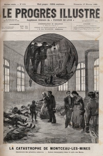 1895年、ブルゴーニュ地方のサント・ユージェニー井戸の災害、またはモンソー・レ・マインズ（Montceau-les-Mines）の災害 - 1895年の「Le Progres illustrious」誌に掲載された版画 作： Unknown artist