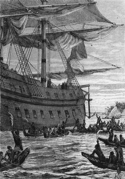 Discovery des Indes：太平洋におけるウォリスの航海、コロン人に会いに行く先住民-ジュール・ヴェルヌ著「Les Voyageurs du 18eme et 19eme ecle」（Hetzel et Cie, Paris編）に掲載されています。 作： Unknown artist