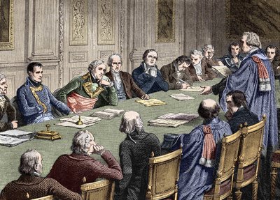 国家評議会 (1800-1804) での民法の議論では、最初の執政官の議長の下で、ナポレオン ボナパルトがジャン ジャック レジス ド カンバセレスを残しました。 19 世紀の彫刻。 作： Unknown artist